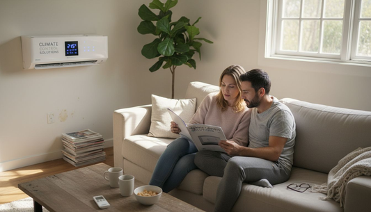 Couple reviewing AC options in bright living room