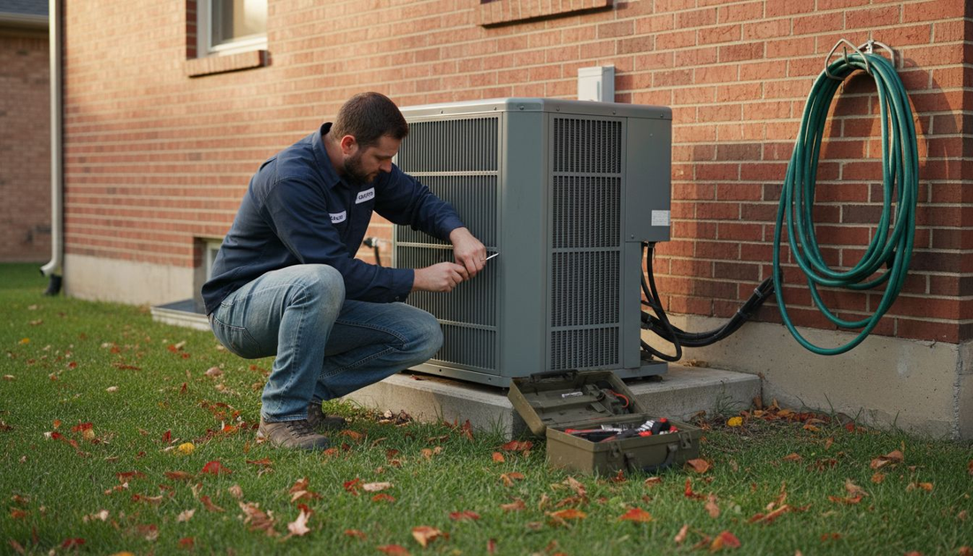 Technician performing residential HVAC maintenance outside home
