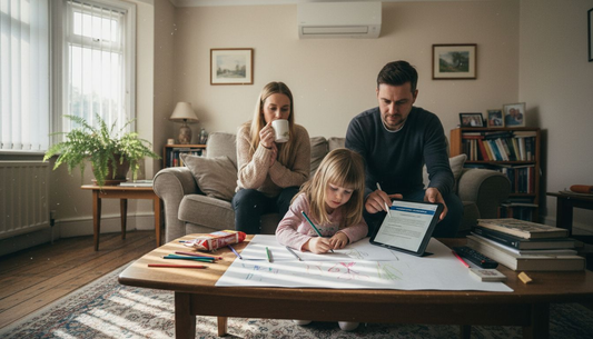 Family reviewing air conditioning finance in living room