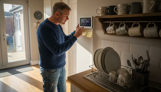 Homeowner checks HVAC control panel in kitchen