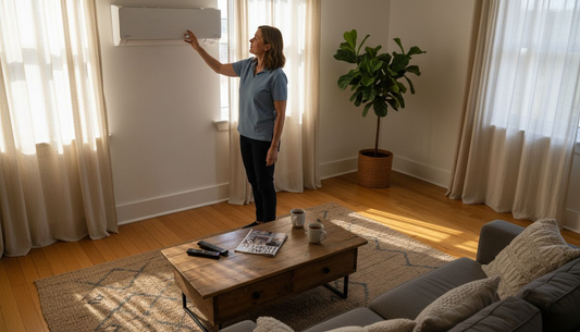 Woman adjusting energy efficient air conditioner