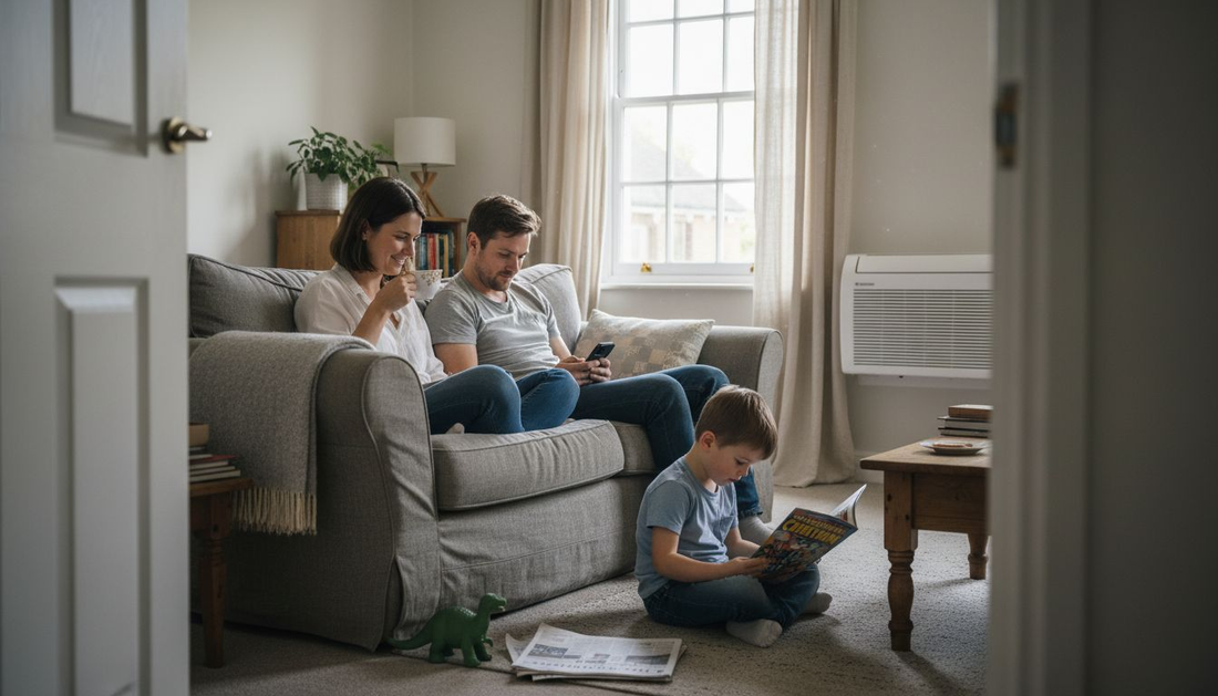 Family relaxing in energy efficient air conditioned lounge