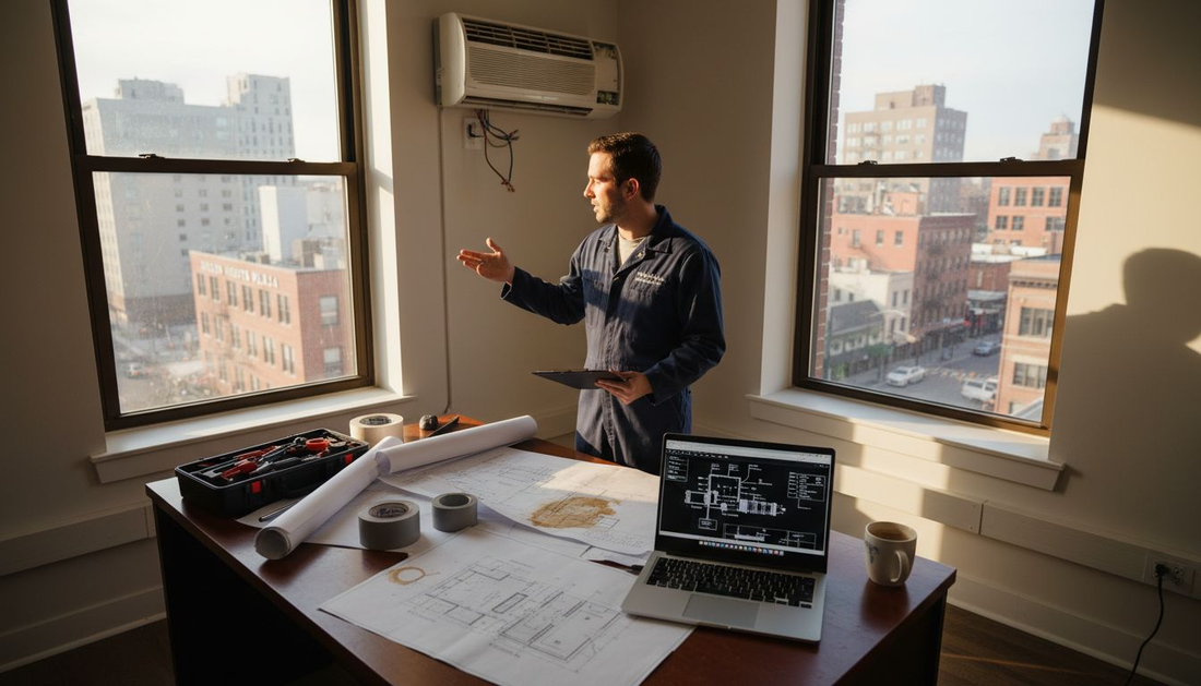 HVAC technician planning in corner office