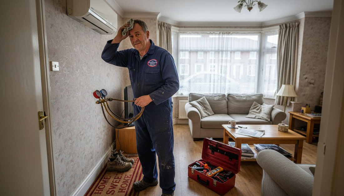 UK technician maintaining AC unit in lived-in home