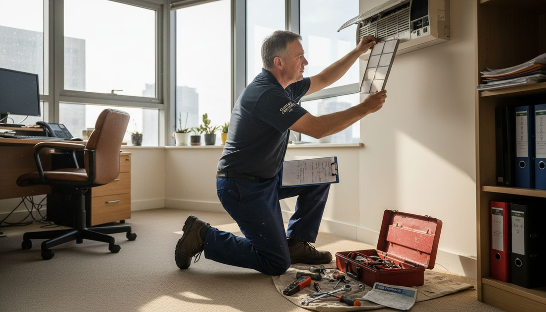 HVAC technician servicing office air conditioner