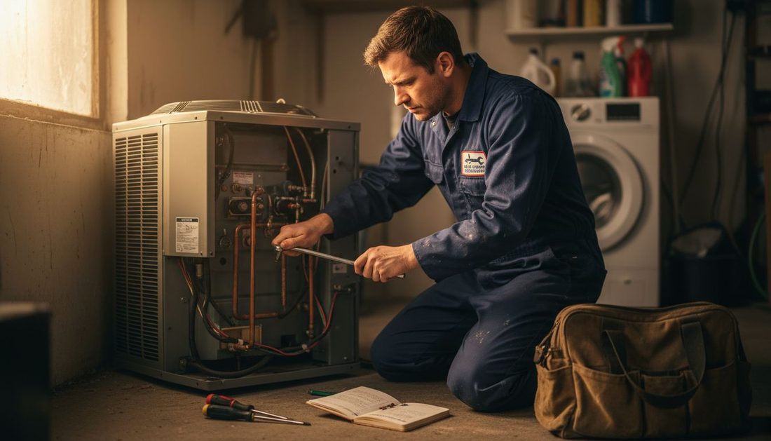 HVAC technician servicing home air conditioner