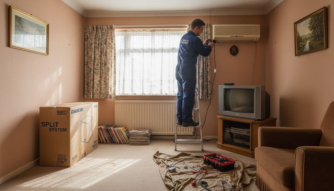 Technician installing split system air conditioner