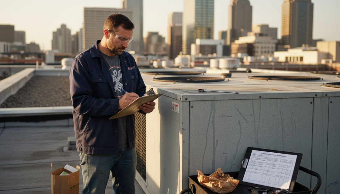 Technician reviewing HVAC maintenance workflow