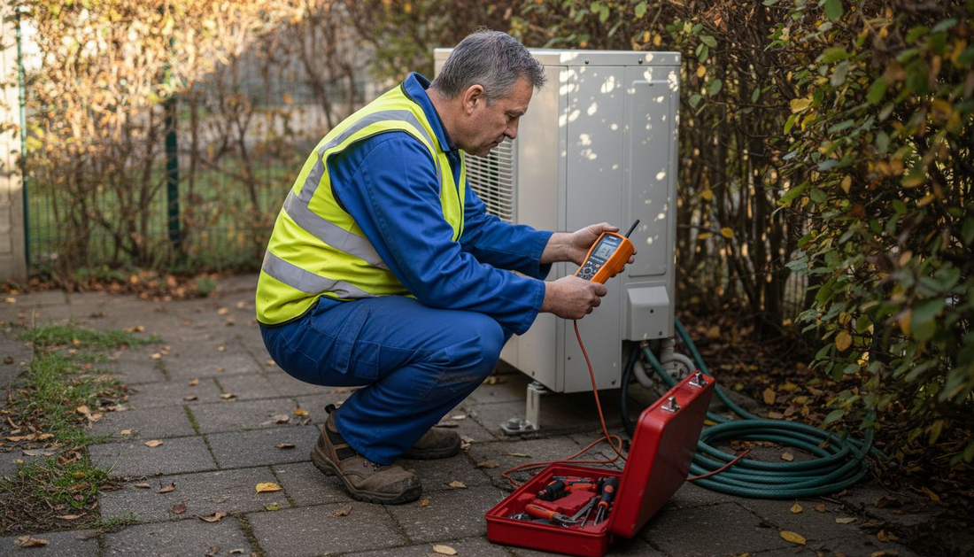 HVAC technician working outside UK home