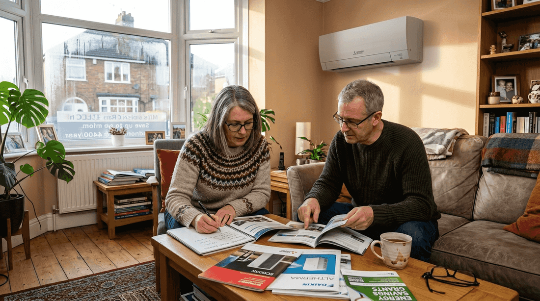 UK couple reviewing energy efficient HVAC options