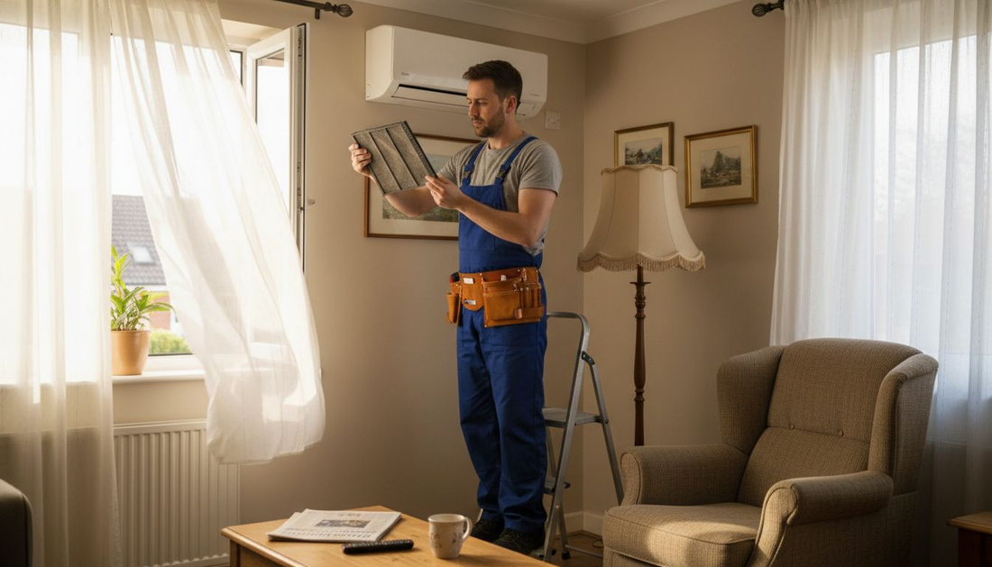 Technician cleaning home air conditioner unit