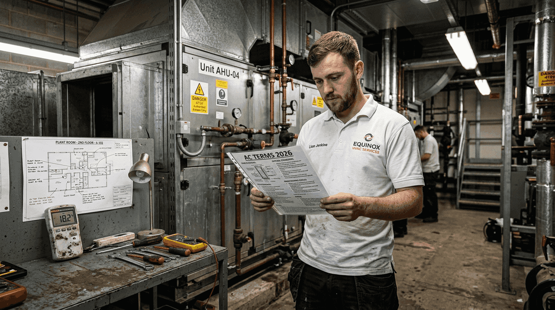 Technician studying air conditioning terminology reference
