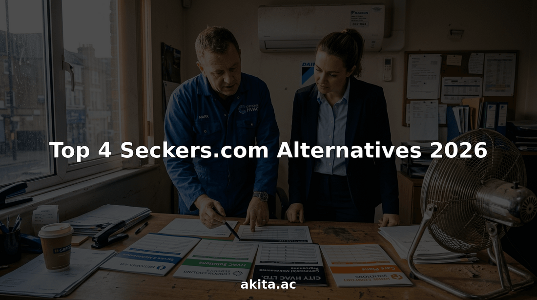 HVAC professionals reviewing comparison documents in office