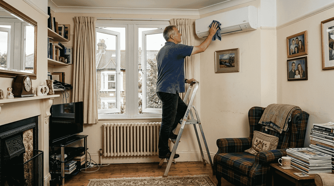 Homeowner cleaning wall air conditioner UK interior
