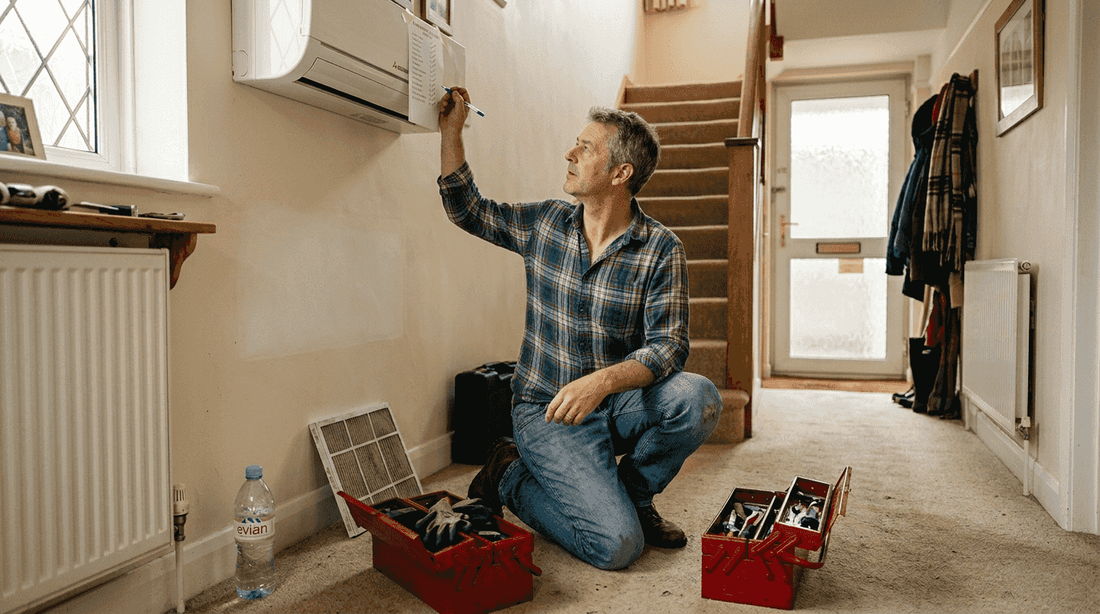 Homeowner checks HVAC with maintenance checklist