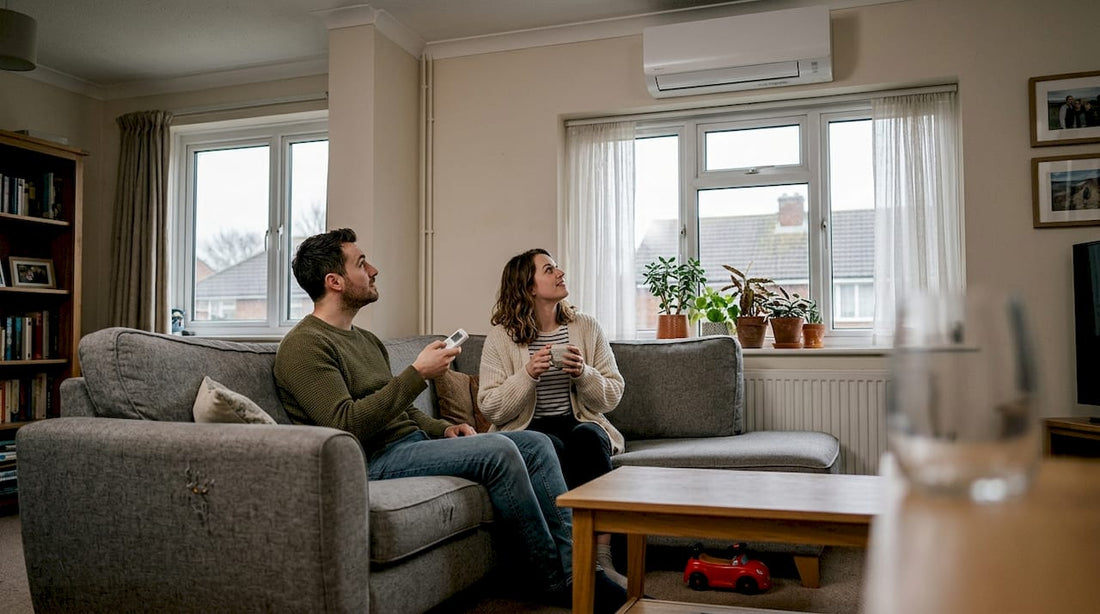 UK family in living room with air conditioning