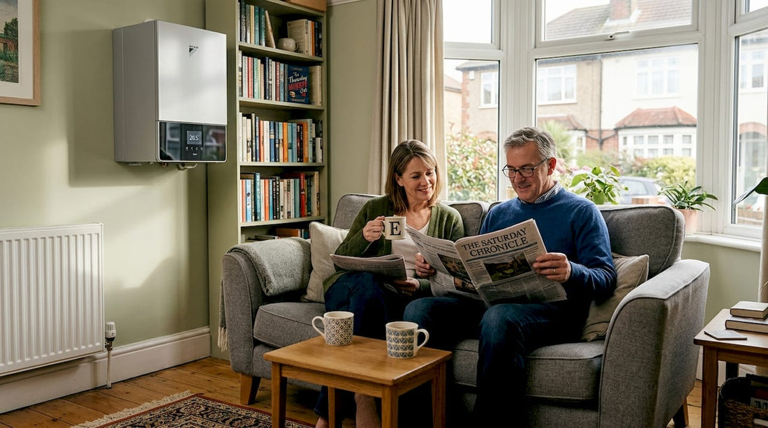 UK couple relaxing near HVAC system