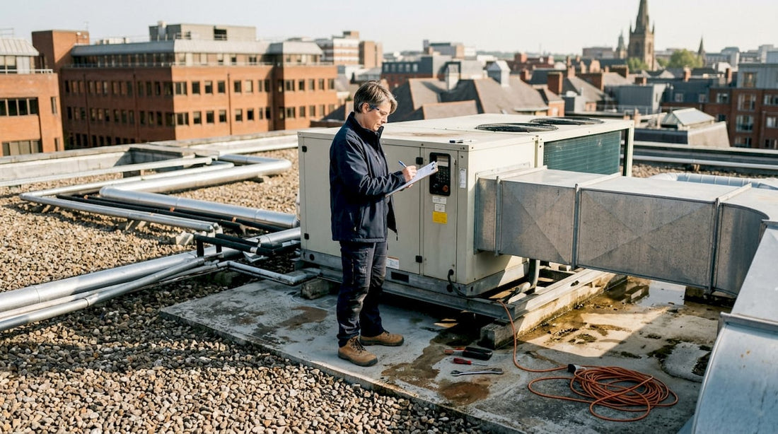Facilities manager inspecting rooftop HVAC unit