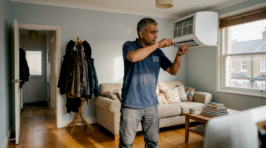 HVAC technician changing air filter in home