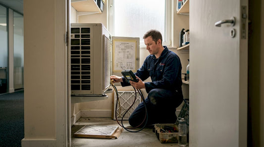 Technician servicing modern AC unit in office