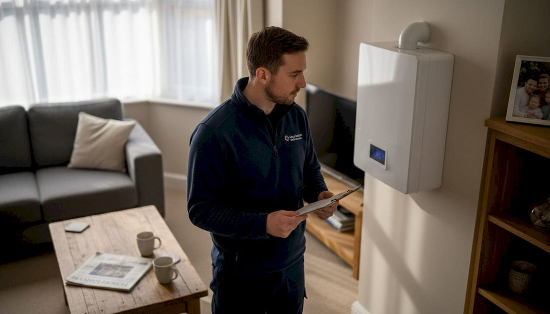 Technician assessing home HVAC unit in lounge