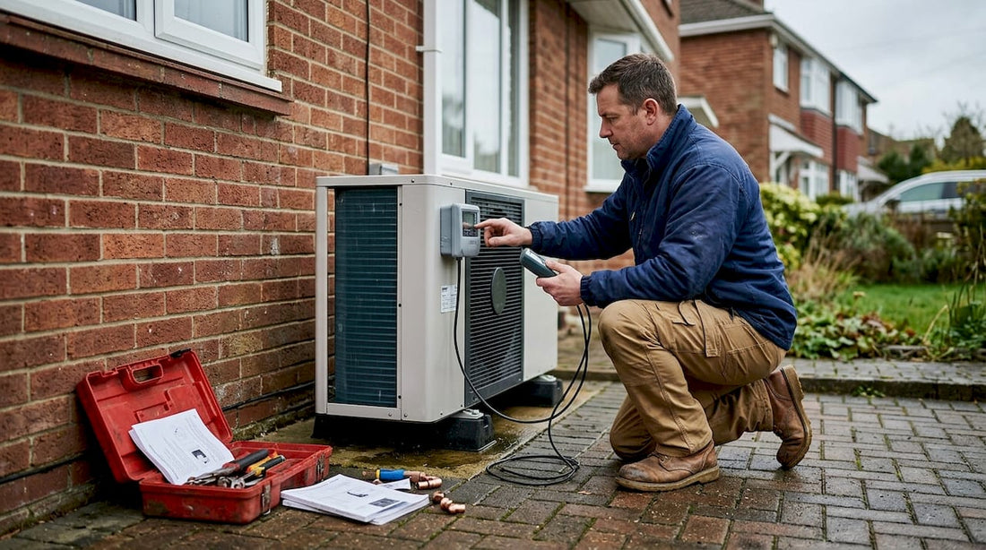 HVAC technician servicing unit outside UK home