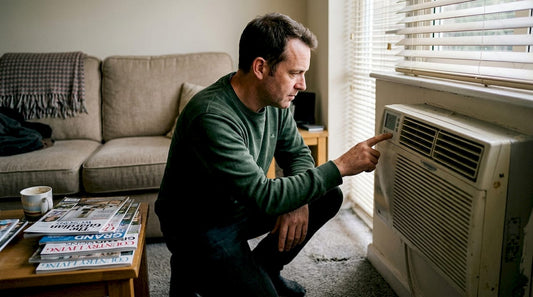 Homeowner troubleshooting air conditioner in living room