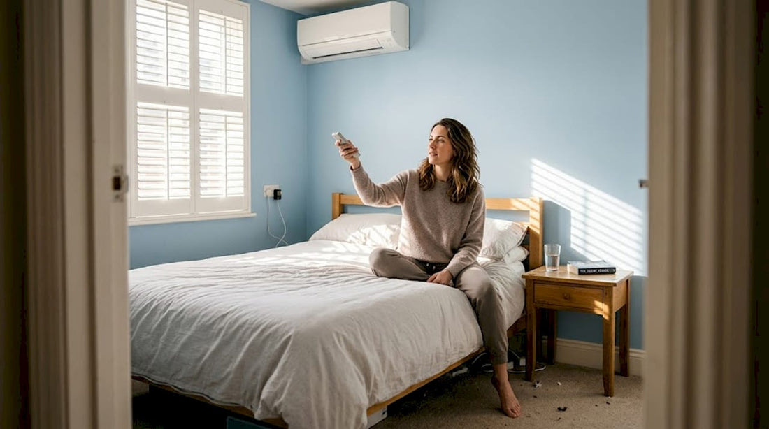 Woman adjusting air conditioning in bedroom