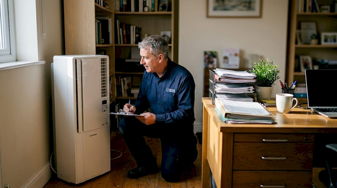 Engineer maintaining home office air conditioning unit