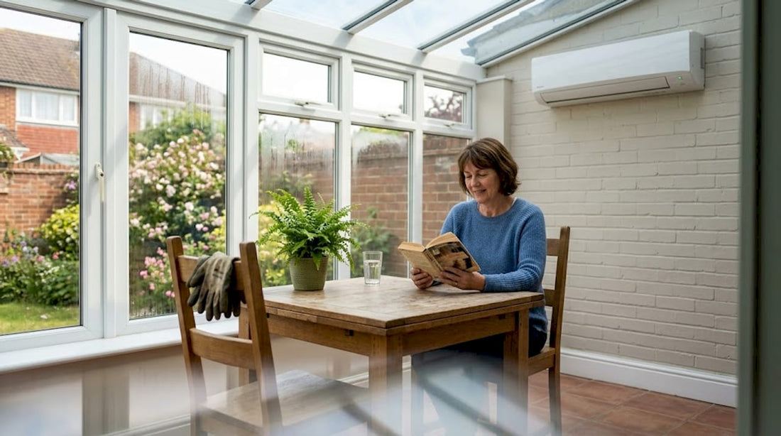 Woman reading in glass-roofed conservatory with AC unit