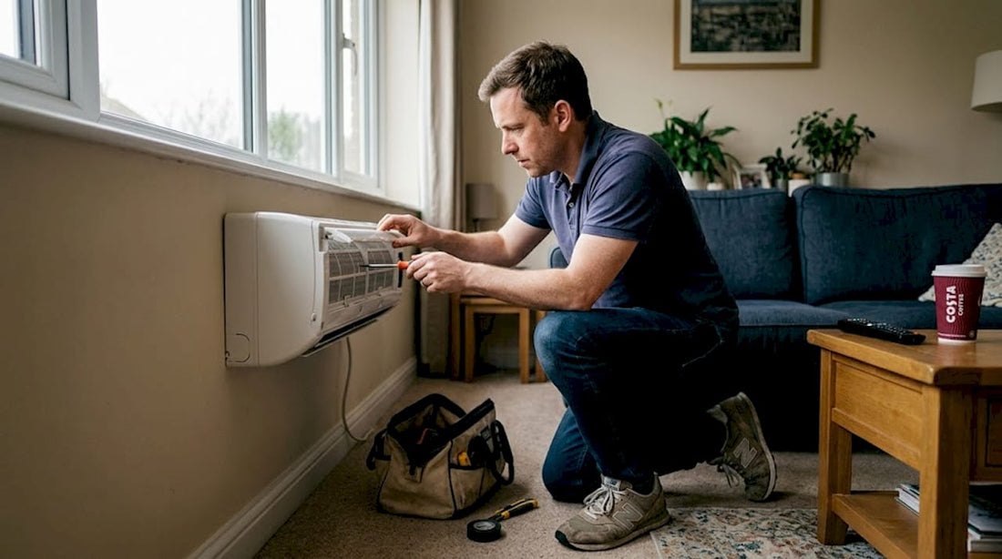 Homeowner inspecting air conditioner in UK living room