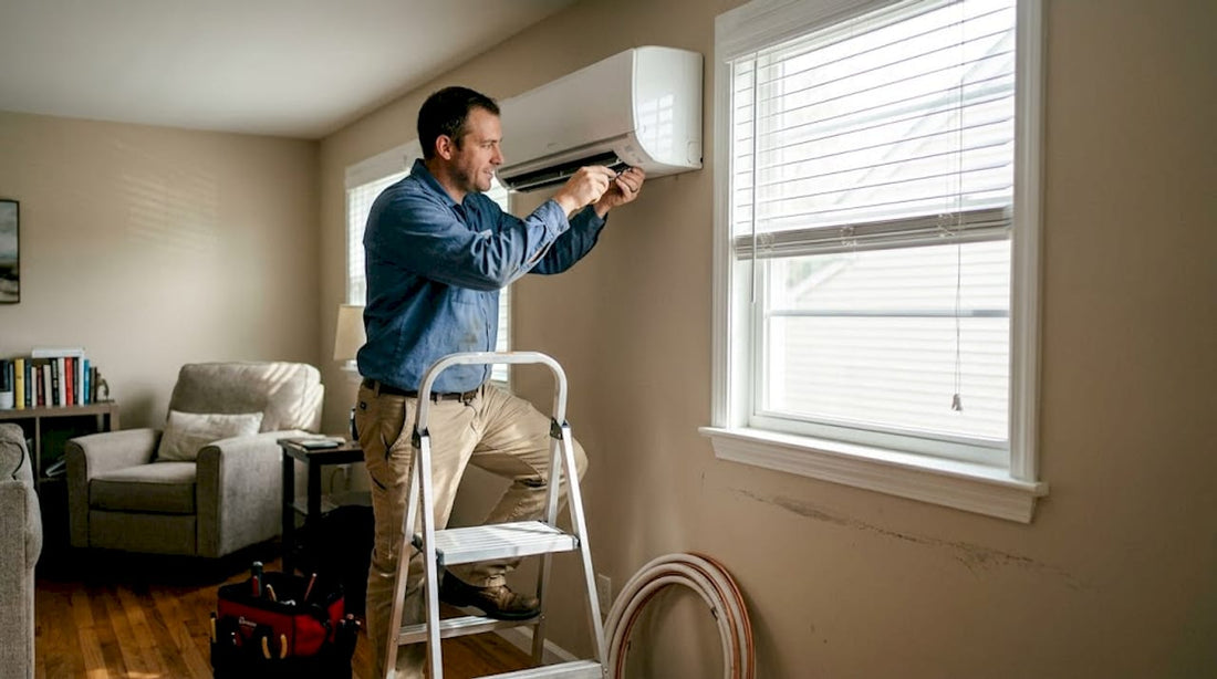 Technician installing air conditioning in bright suburban living room