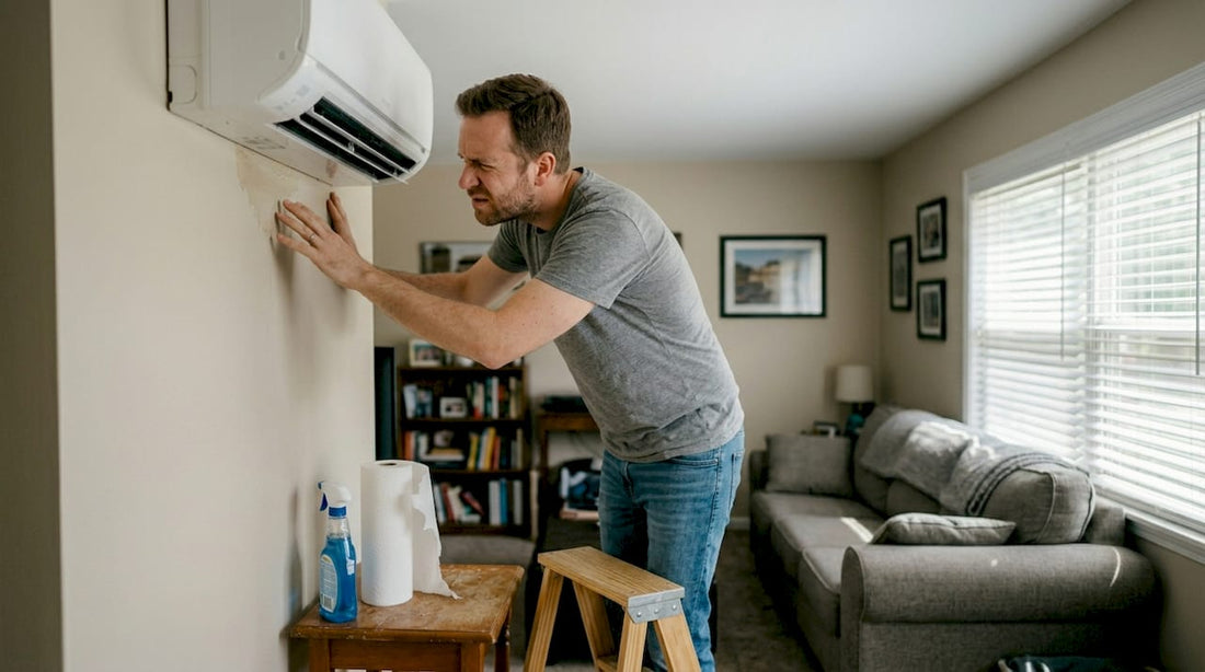 Homeowner checks water leak under air conditioner