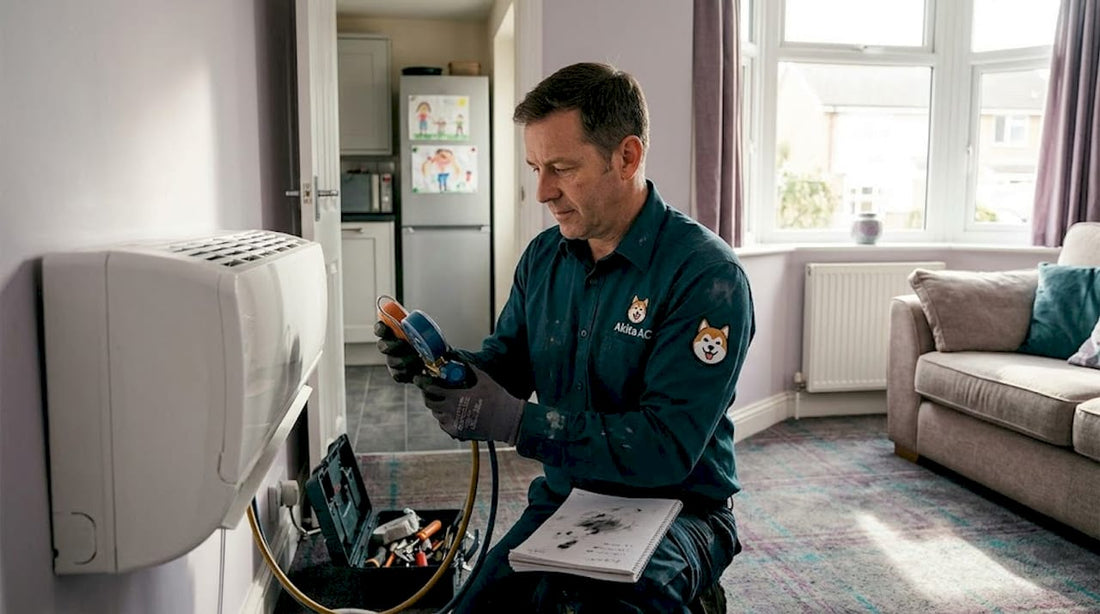 HVAC technician inspecting air conditioner in home