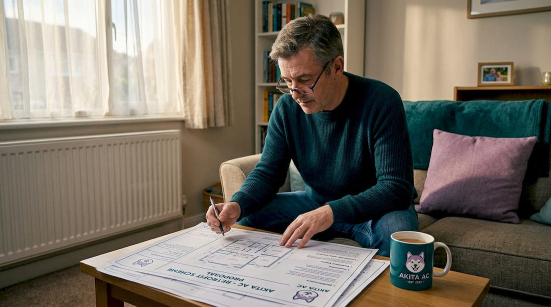 Homeowner studying HVAC retrofit drawings