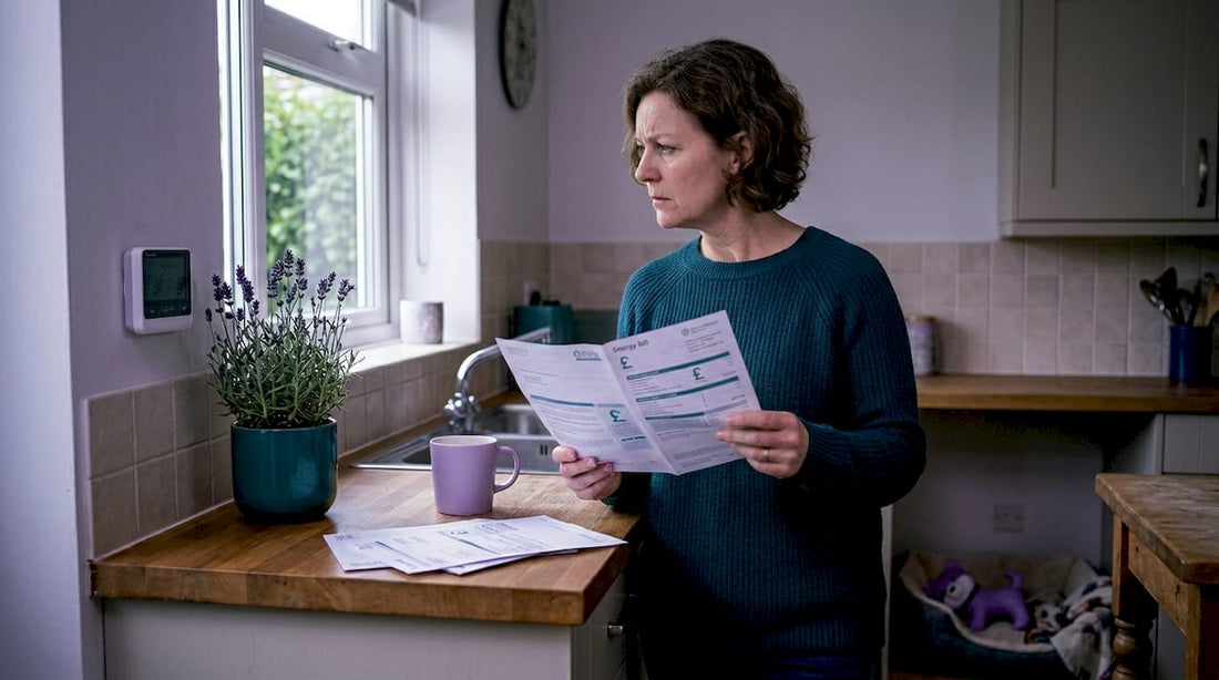 Homeowner checking energy bill by thermostat