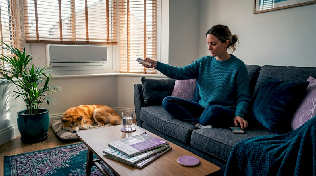 Woman adjusting air conditioner in sunny living room