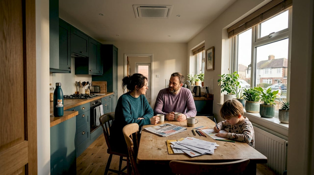 Family in kitchen with ceiling HVAC vent