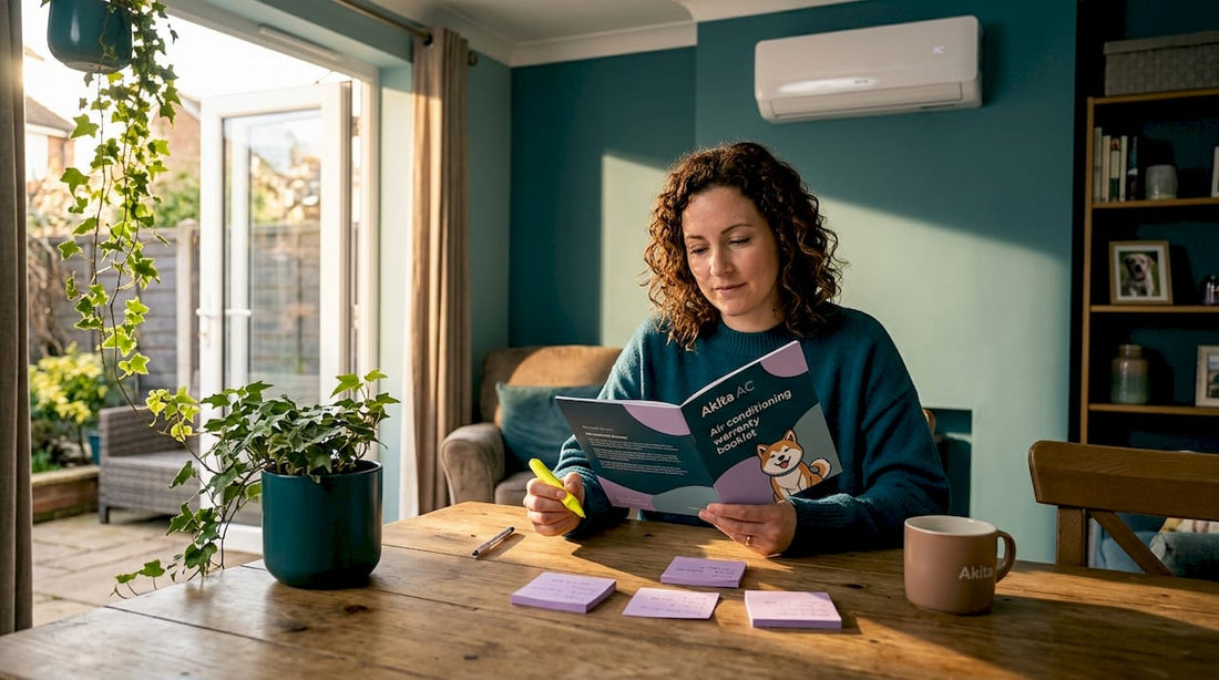 Homeowner reading air conditioning warranty booklet