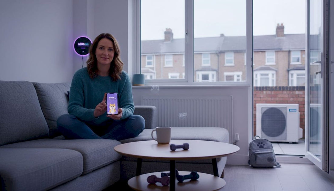 Woman adjusting smart thermostat in UK living room
