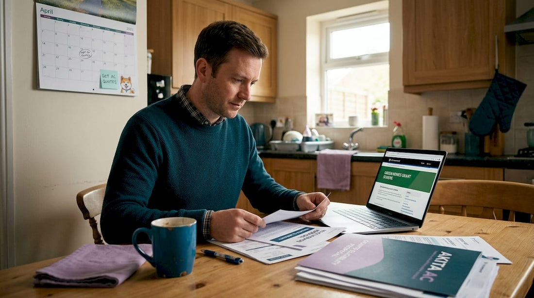 Homeowner reviews HVAC finance paperwork at kitchen table