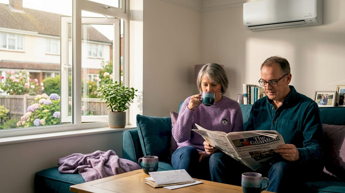 Homeowners relax in living room with eco HVAC