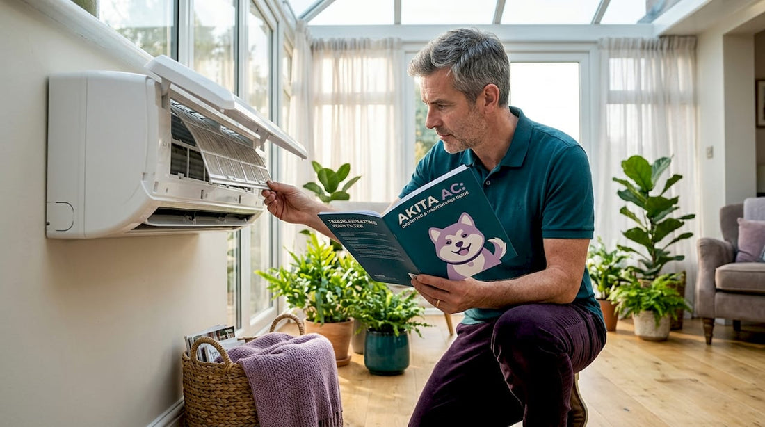 Homeowner inspecting wall AC unit in living room