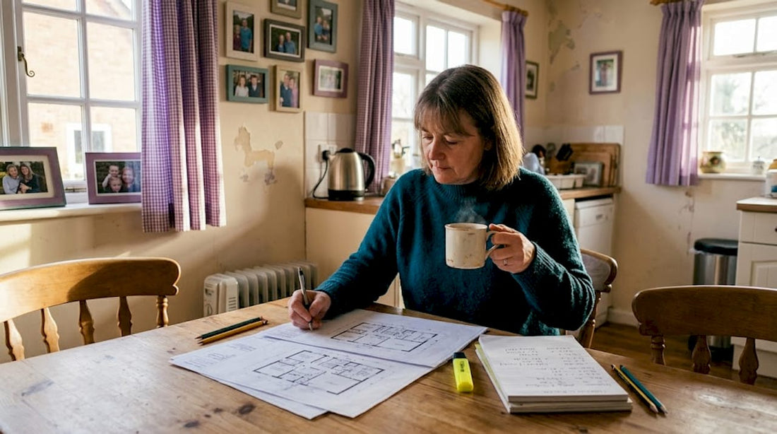 Homeowner reviewing HVAC upgrade plans at table