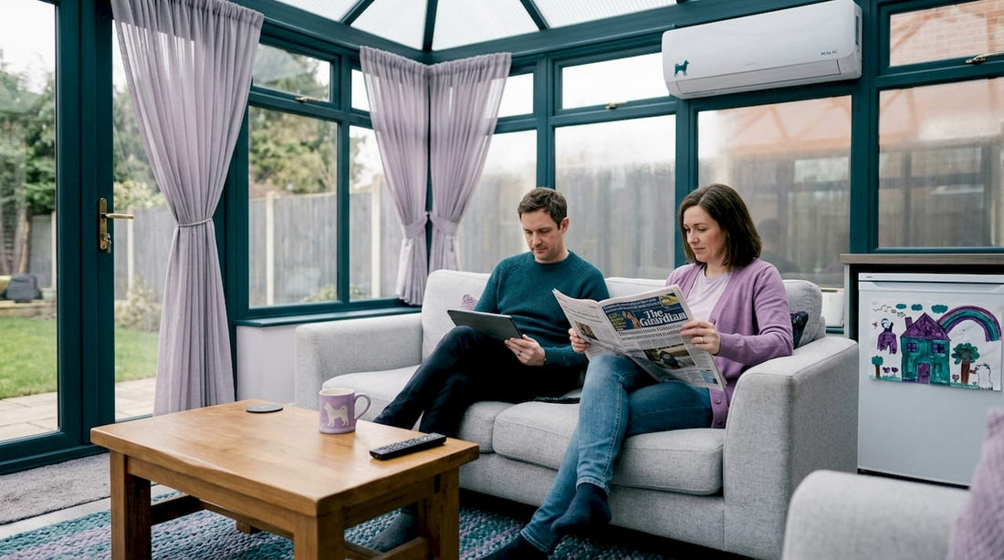 Couple relaxing near air conditioning in UK home