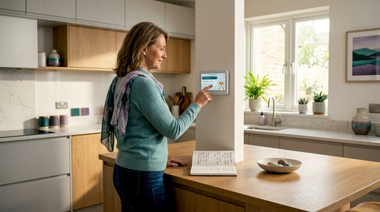 Homeowner reviewing smart thermostat in living room