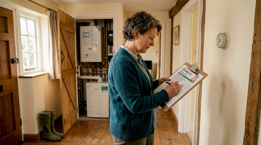 Homeowner marks HVAC checklist in hallway