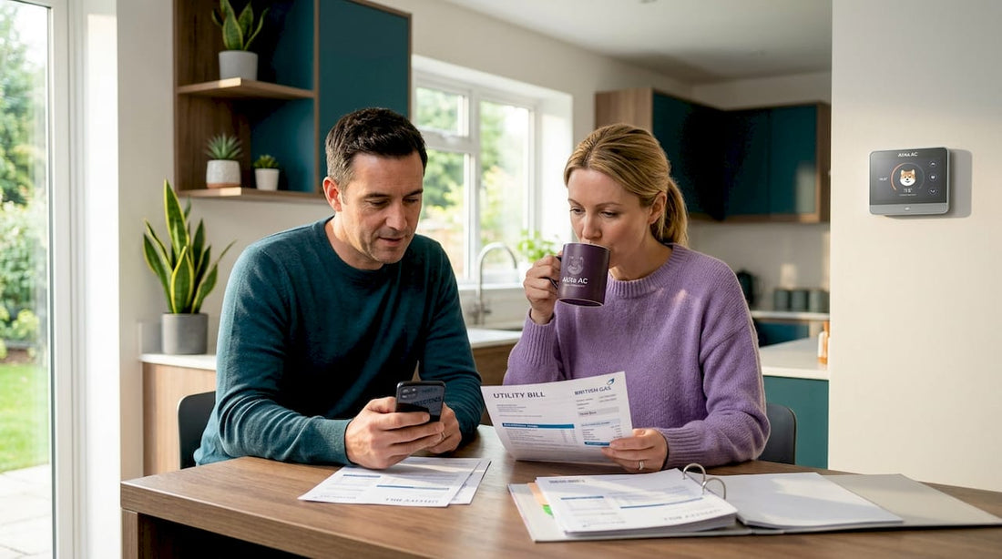 Couple reviewing bills in bright living room