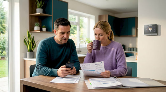 Couple reviewing bills in bright living room