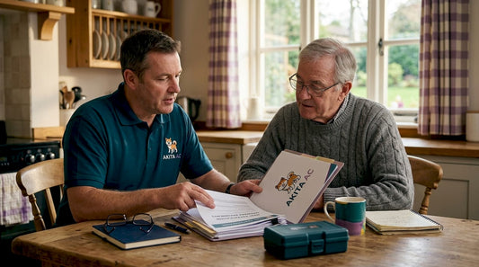 HVAC installer reviewing credentials with homeowner